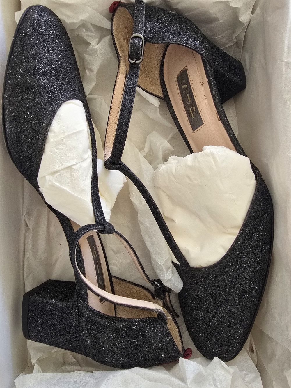 SJP by Sarah Jessica Parker Black Glitter T-Strap Block Heels